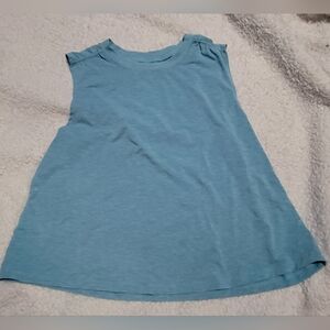 all in motion blue crew neck sleeveless top.91% recycled soft with stretch,flare